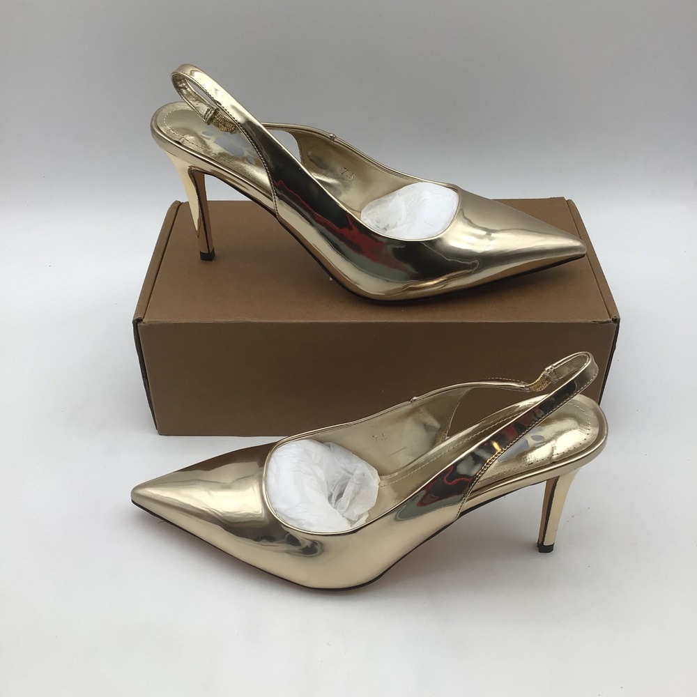 Gold Slingback Heels Women Pointed Toe Stiletto Pumps Metallic Size 7.5 NEW‎